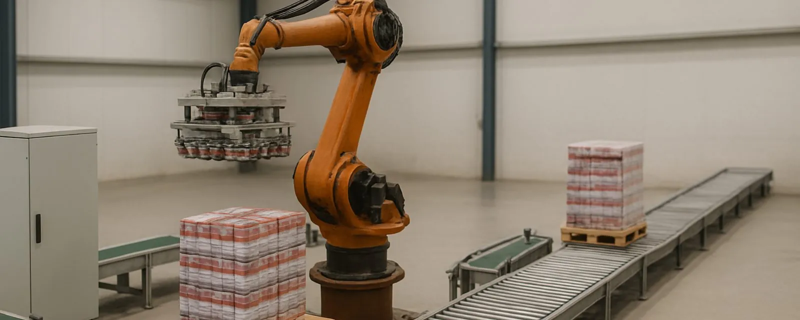 Paletizado con robots industriales y sistemas de transporte
